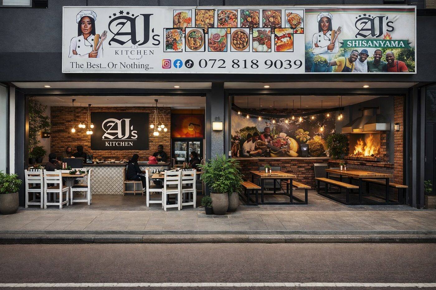 AJ's Kitchen storefront in Pretoria with shisanyama grill